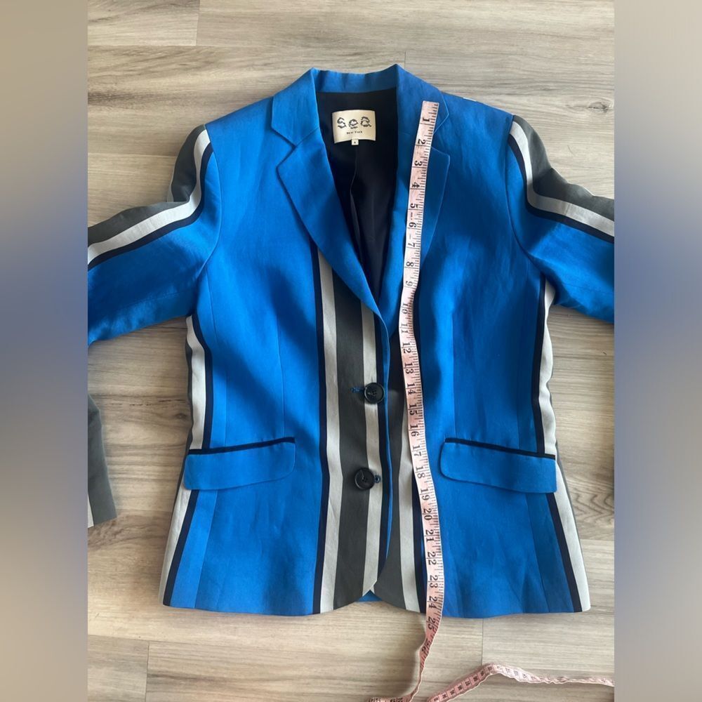 Sea New York 6 Electric Blue Gray Striped Silk Button Up Blazer - Picture 5 of 7